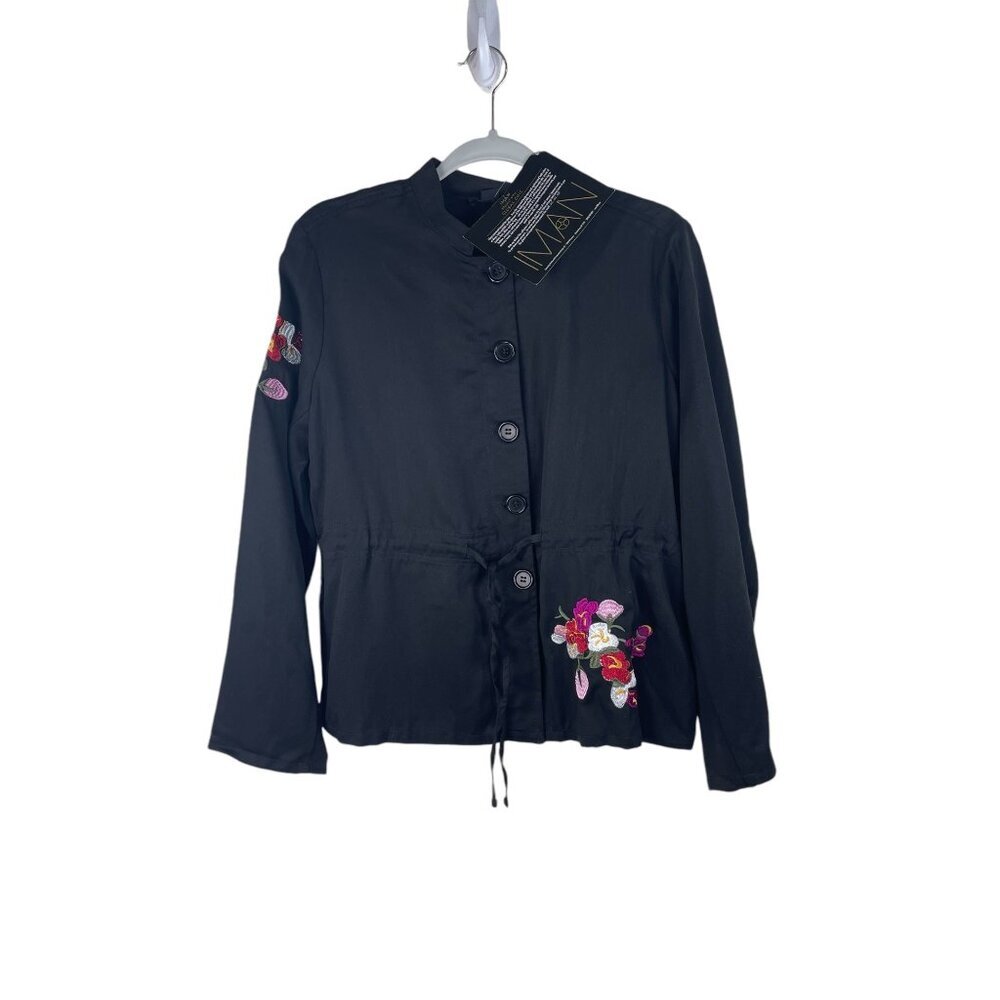 Iman Floral Embroidered Top Jacket Drawstring Button Closure Black NWT